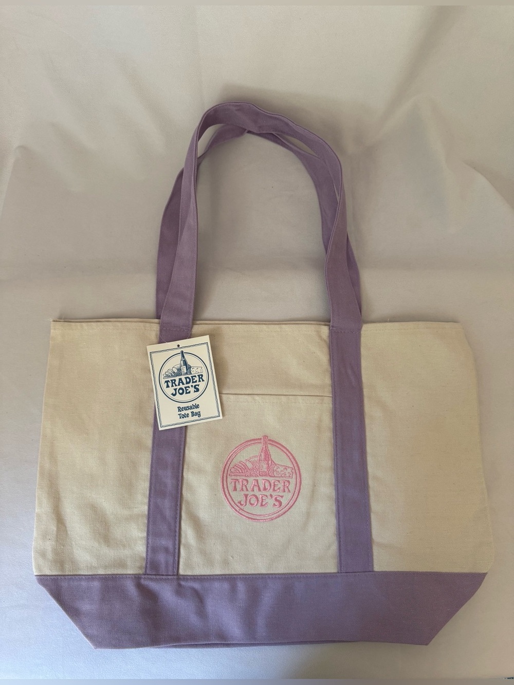 Trader Joes Large Canvas Tote Bag Purple and White